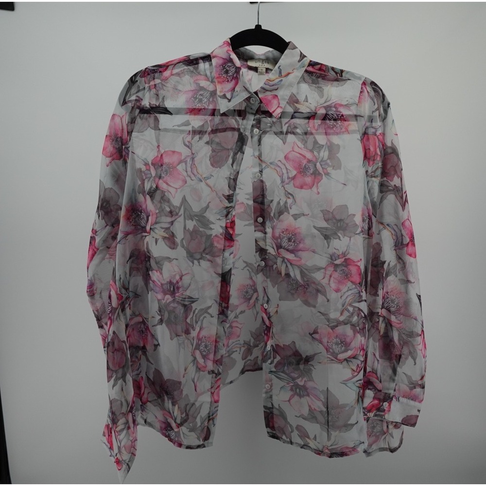 Umgee USA Pink Floral Sheer Button Down Blouse Long Sleeve Top A3854 Small
